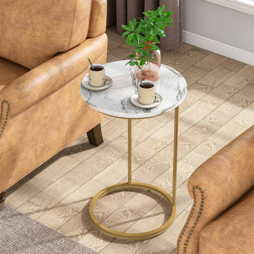 C-Shaped End Table, Round Side End Table with Faux Marble Top Tribesigns