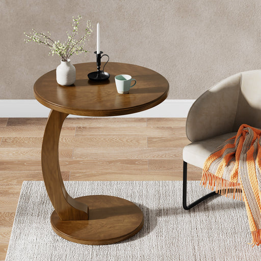 C-Shaped End Table, Round Solid Wood Side Table for Living Room Tribesigns
