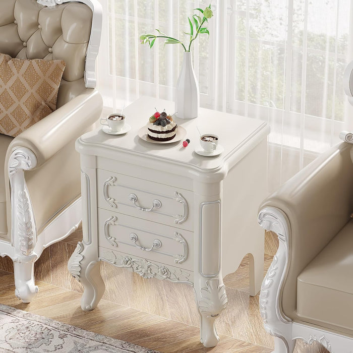 Carved Nightstand, White Bedside Table End Table with 2 Drawers Tribesigns