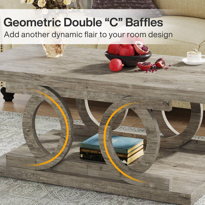 Farmhouse Coffee Table, 47" Wood Center Table with 2 Tier Shelf Tribesigns