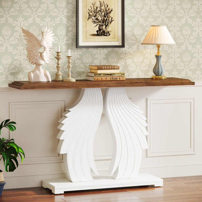 Farmhouse Console Table, Wood Sofa Table with Wings Shaped Pedestal Tribesigns