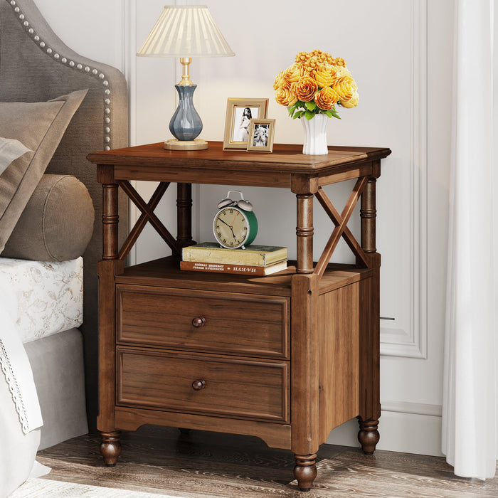 Farmhouse Nightstand, Bedside Table with 2 Drawers and Open Shelf Tribesigns