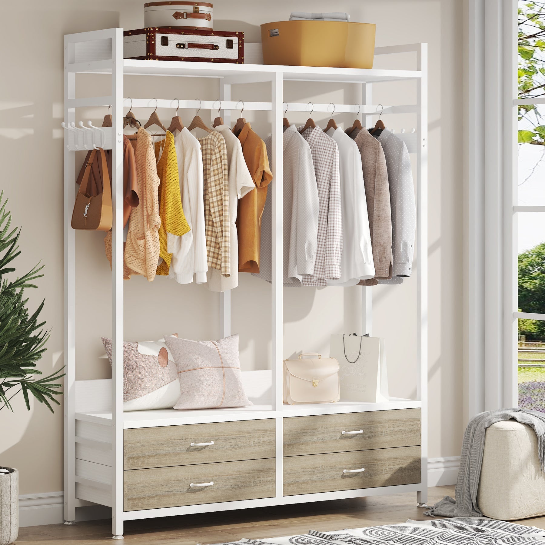 Tribesigns Freestanding Closet Organizer with Drawers, Hooks & Shelves