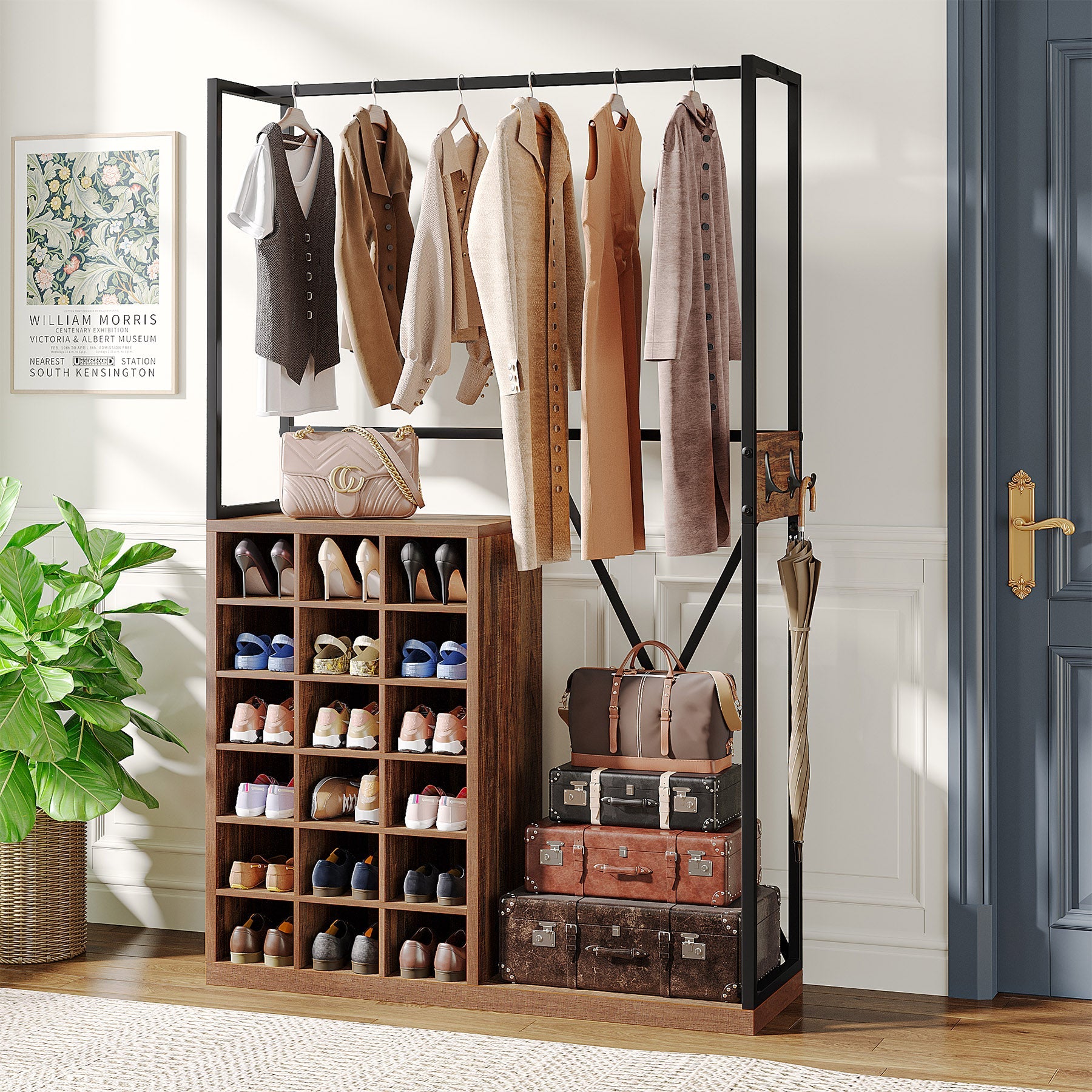 Coat Rack Stand, Industrial Hall Tree with Hooks, Mirror, Shoe