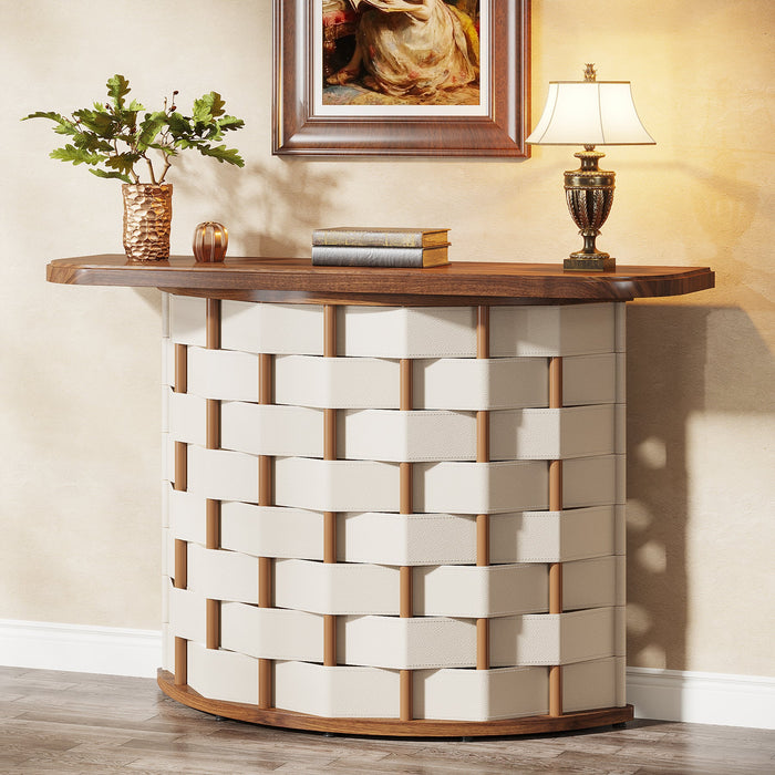 Half-Moon Console Table, 47-Inch Sofa Table with Woven Leather Base Tribesigns