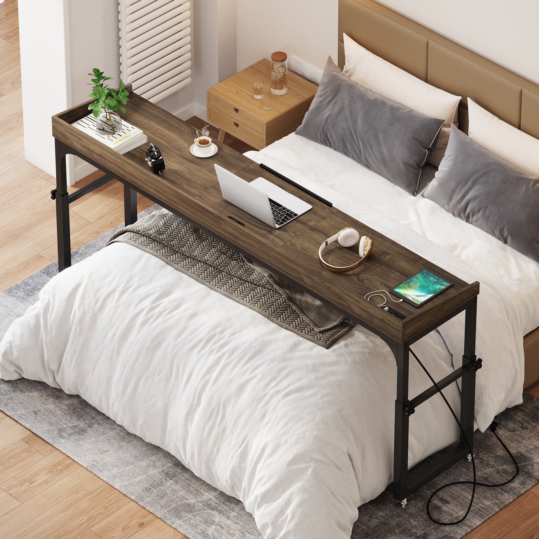 Tribesigns Mobile Adjustable Overbed Table with Charging Station