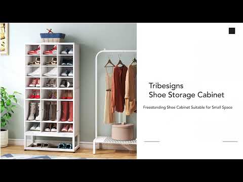 Tribesigns Shoe Storage Cabinet, Freestanding Shoe Storage Organizer with 24 Cubbies, 8-Tier Black and Gold Shoe Rack Adjustable Partition for
