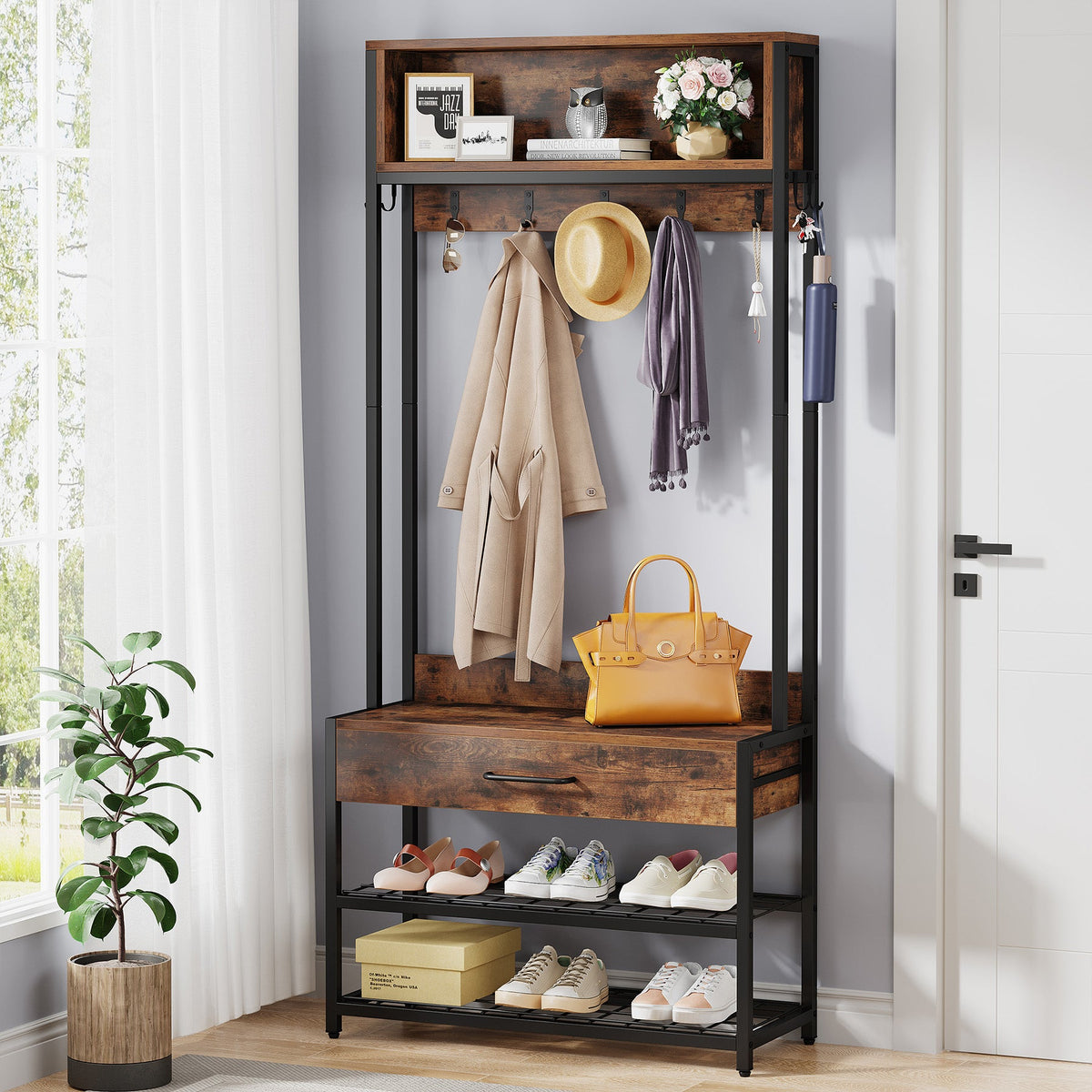 Entry Hall Bench Coat Rack Industrial Style Entryway Hall Tree With