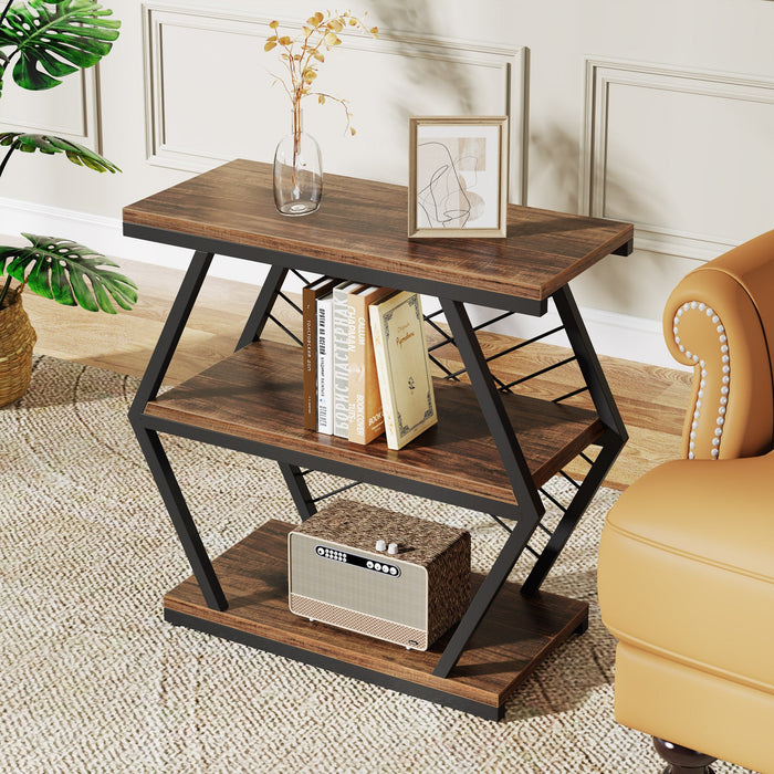 Industrial End Table Side Table with 3 Storage Shelves & Metal Frame Tribesigns