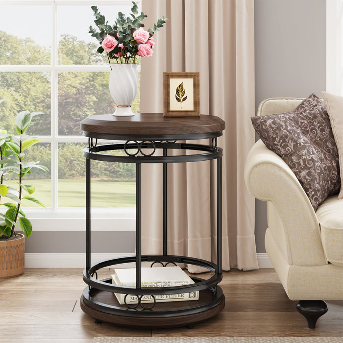 Industrial End Table with Storage Shelf, 2-Tier Round Side Table Tribesigns
