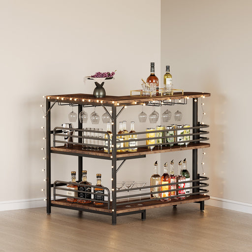 L-Shaped Bar Unit, 3 Tier Liquor Bar Table with Wine Glasses Holder Tribesigns