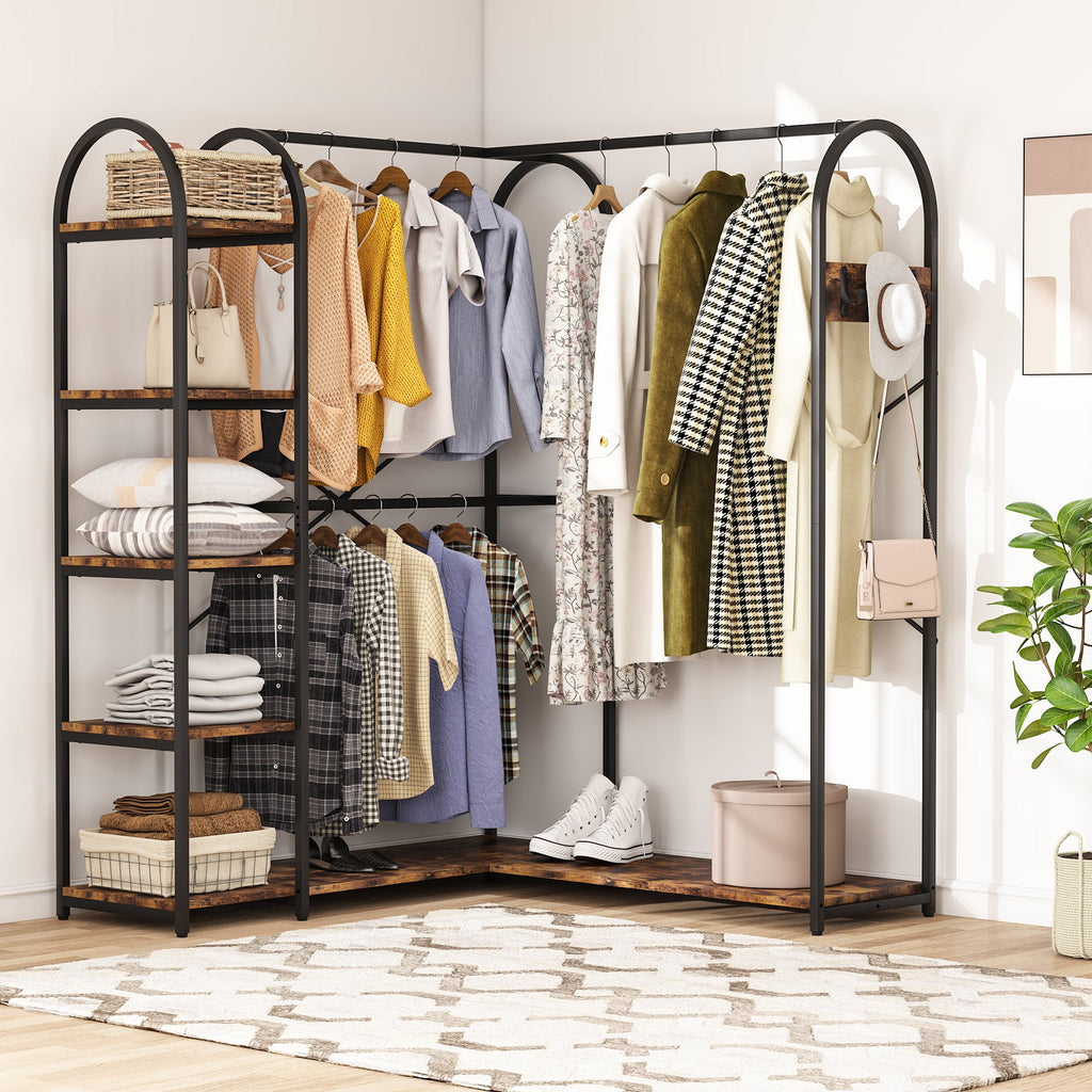 plants on clothes rack L-Shaped Clothes Rack, Corner Garment Rack with Storage Shelves