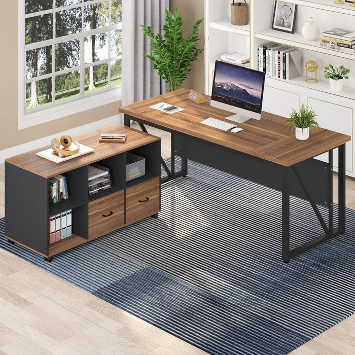 L-Shaped Computer Desk, 55" / 63" Executive Desk and Mobile File Cabinet Tribesigns