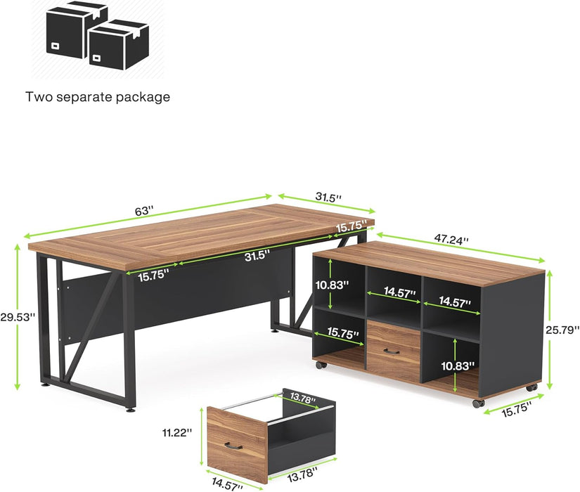 L-Shaped Computer Desk, 55" / 63" Executive Desk and Mobile File Cabinet Tribesigns