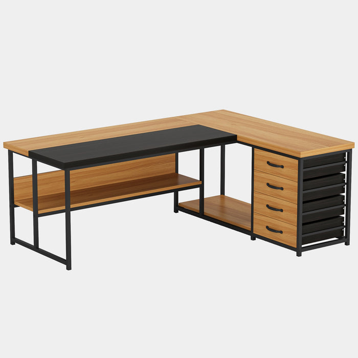 L-Shaped Desk with 4 Drawers, 62.2" Computer Desk with Open Storage Shelves Tribesigns