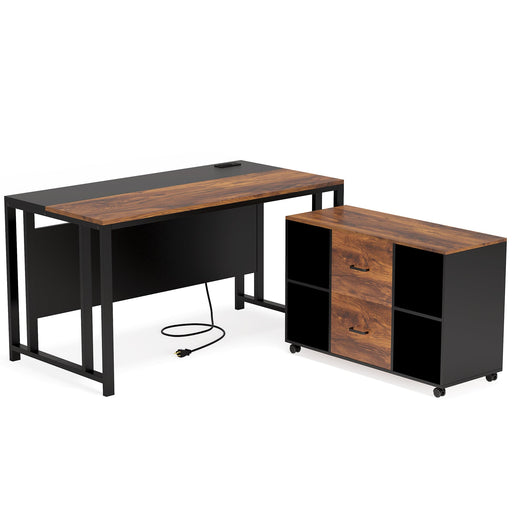 L-Shaped Desk with Power Outlet, 55" Executive Desk with 40" File Cabinet Tribesigns
