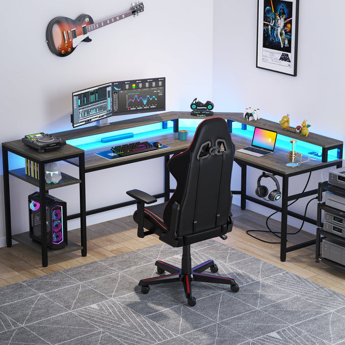 L-Shaped Gaming Desk Computer Desk with Power Outlets & LED Strips Tribesigns