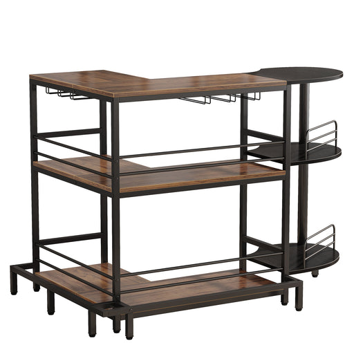 L-Shaped Home Bar Unit, 3-Tier Liquor Bar Table with Glass Holders Tribesigns