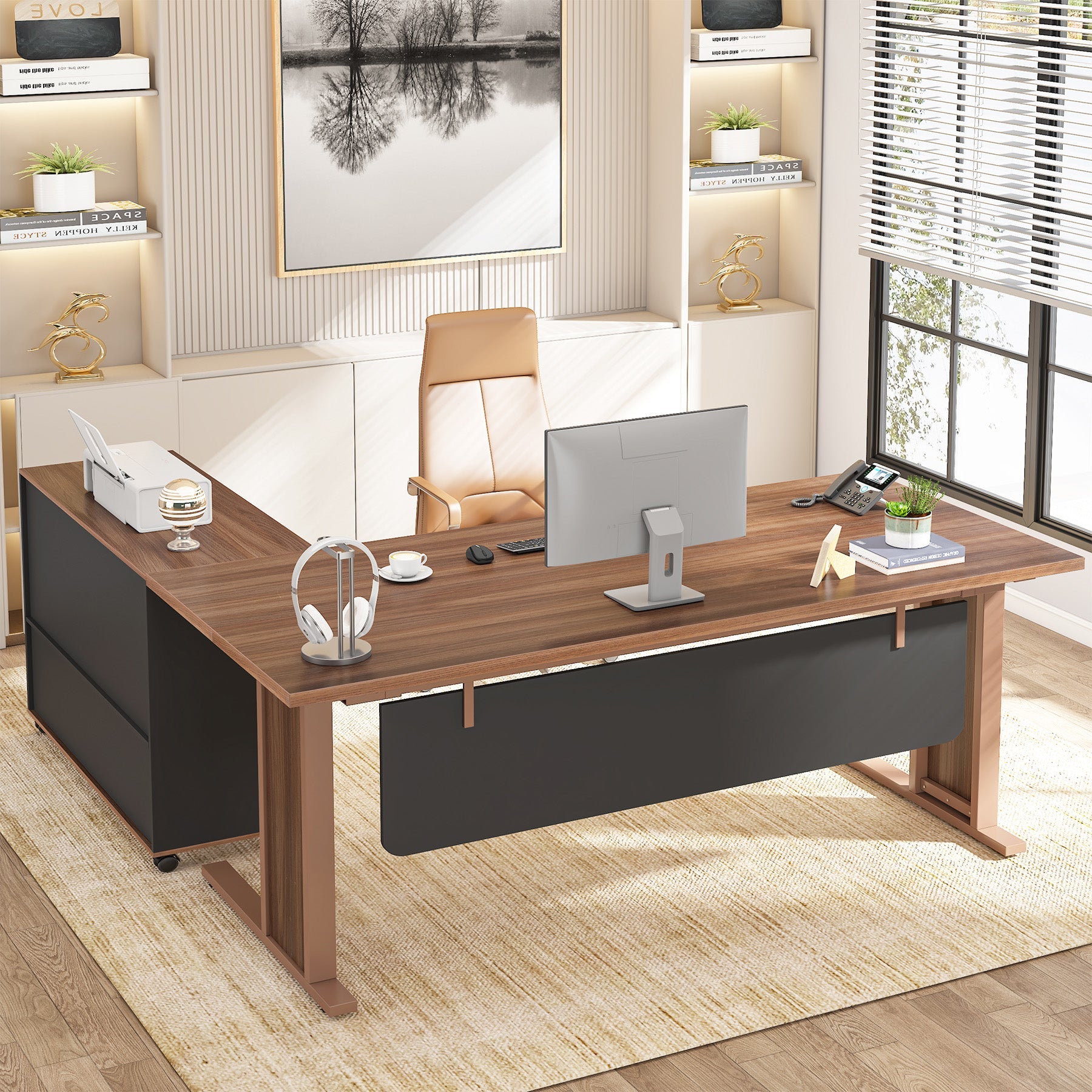 Tribesigns L-Shaped Computer Desk, Executive Office Desk Computer Table  Workstation Business Furniture with Locking File Cabinet Storage Mobile