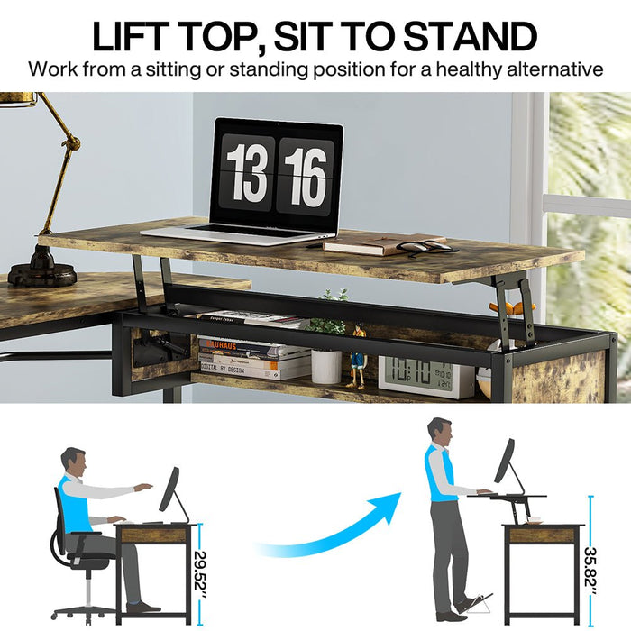 Lift Top L-Shaped Desk, Sit to Stand Corner Computer Desk with Shelves Tribesigns