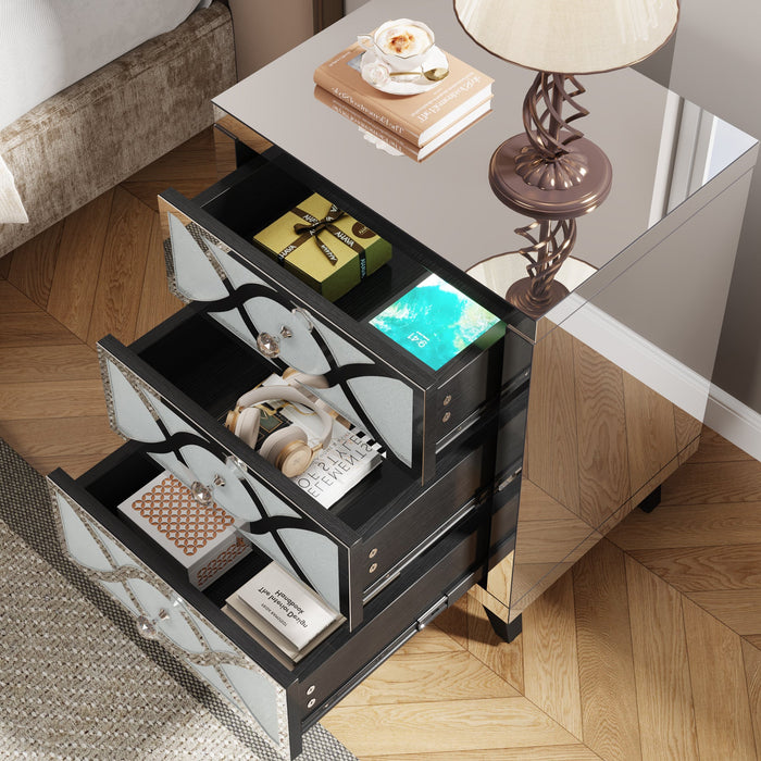 Mirrored Nightstand with 3 Drawers, Modern Bedside Table for Bedroom Tribesigns