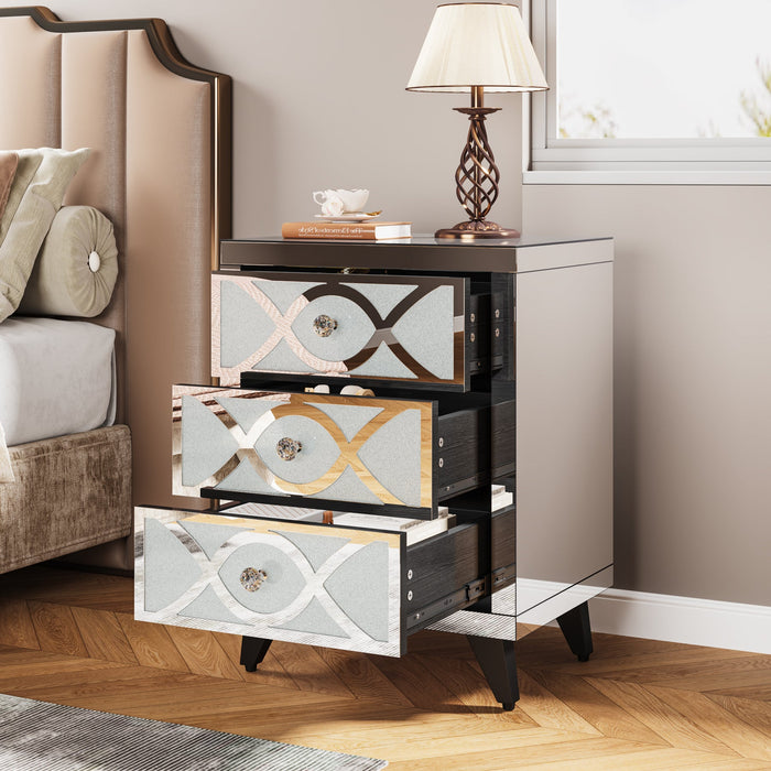 Mirrored Nightstand with 3 Drawers, Modern Bedside Table for Bedroom Tribesigns