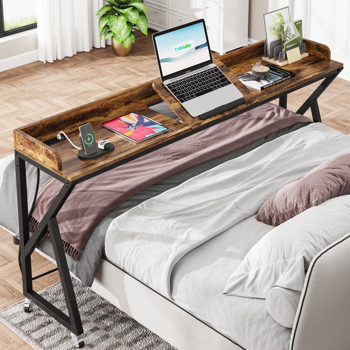 Mobile Overbed Table, 70.9" Queen Size Bed Table with Adjustable Tilt Board Tribesigns