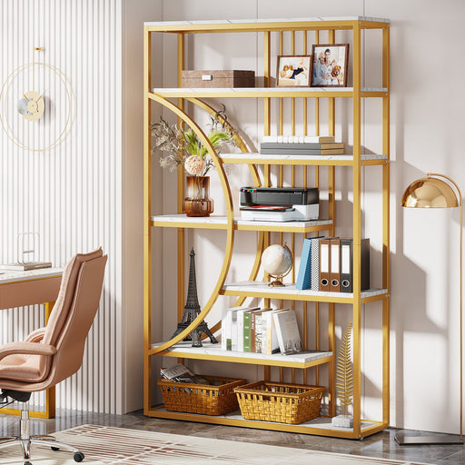 Modern 7-Tier Bookshelf, Freestanding Bookcase with Faux Marble Shelves Tribesigns