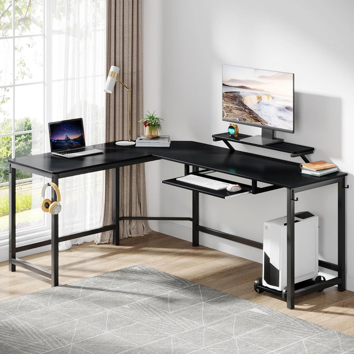 Modern L-Shaped Computer Desk with Keyboard Tray & Monitor Stand Tribesigns