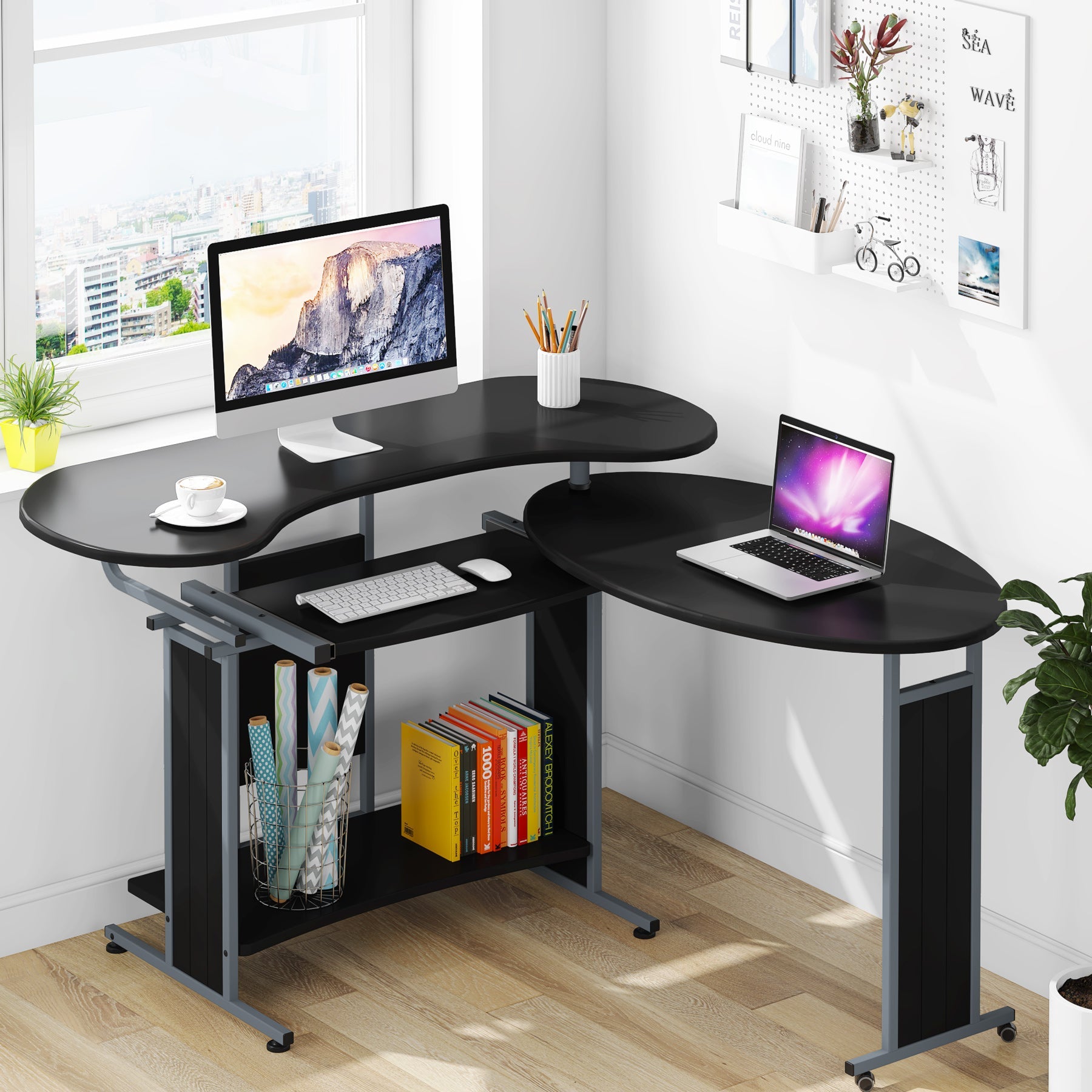 Modern Rotating Desk, L-Shaped Computer Desk Corner Study Table