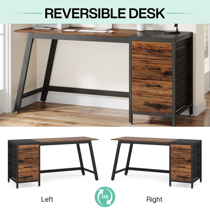 Reversible Computer Desk, 55" Study Writing Desk with 4 Drawers Tribesigns
