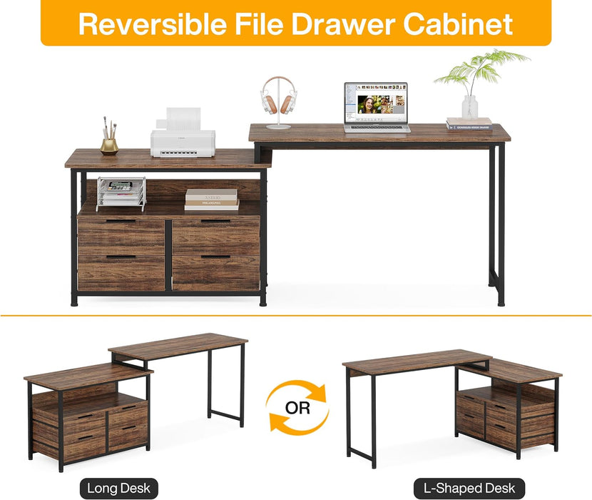 Reversible L-Shaped Desk, Corner Computer Desk with Drawers & Shelves Tribesigns