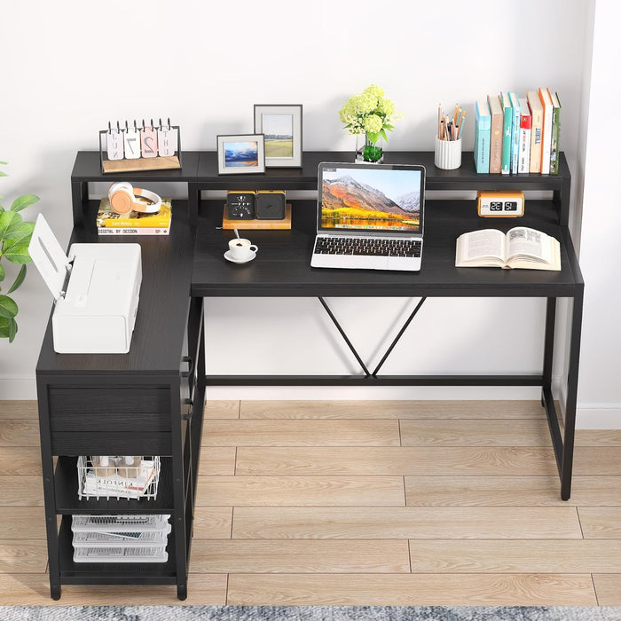 Reversible L-Shaped Desk, Industrial Corner Desk with Drawer & Shelves Tribesigns