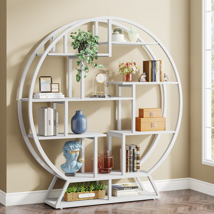 Round Bookshelf, 63 Inch Etagere Bookcase with Staggered Shelves Tribesigns