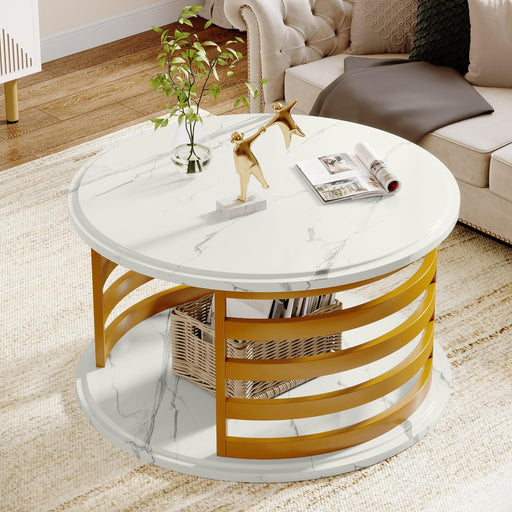 Round Coffee Table, 2-Tier Circle Cocktail Table with Faux Marble Top Tribesigns