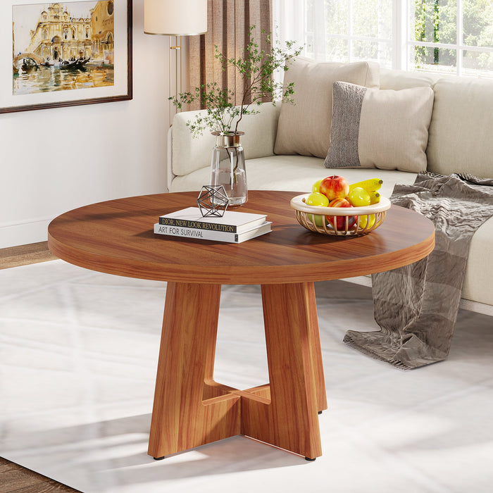 Round Coffee Table, 31.4" Wood Circle Center Table with Cross Base Tribesigns