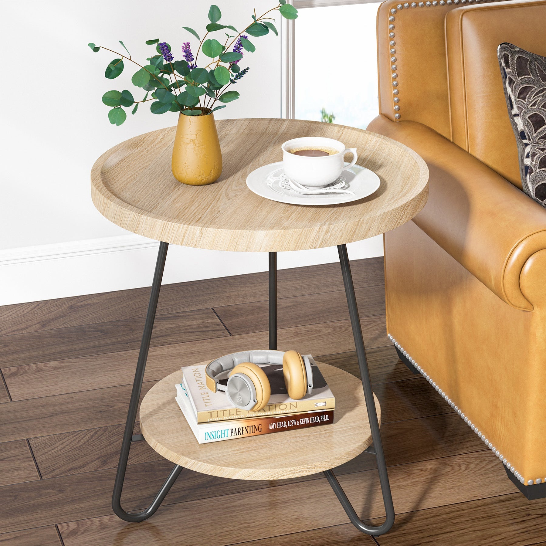 Tribesigns End Table, 2-Tier Round Side Table with Metal Legs