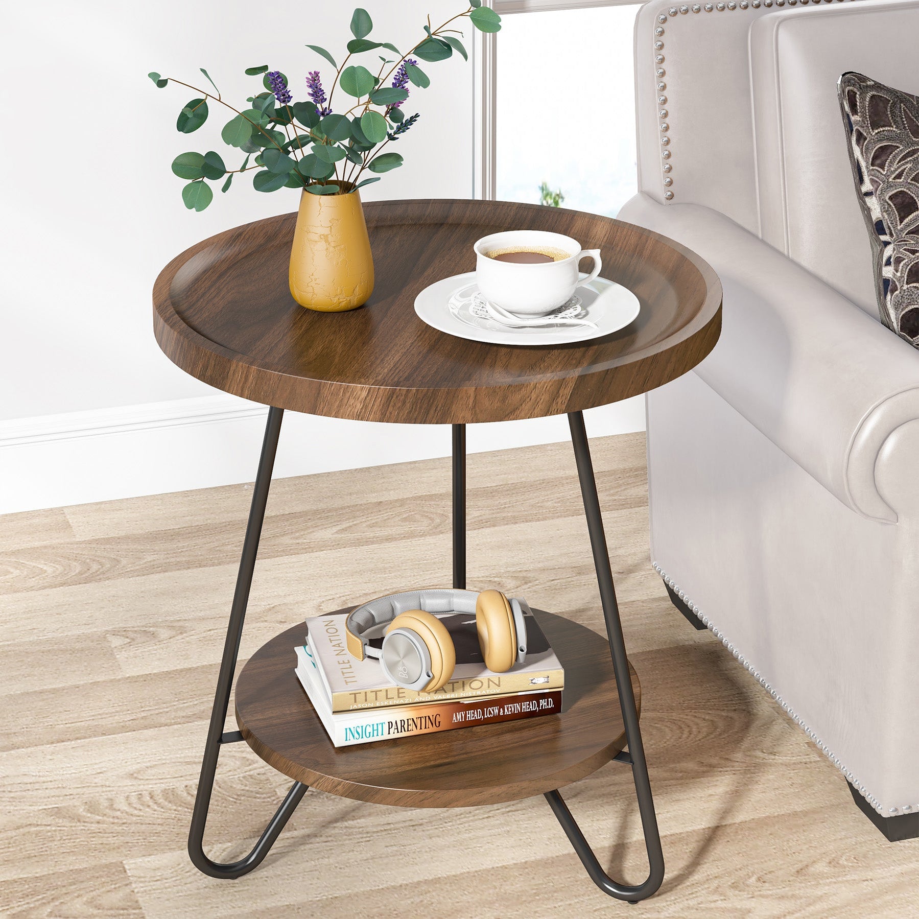 Office Side Table Rounded Tribesigns End Table, 2-Tier Round Side Table with Metal Legs