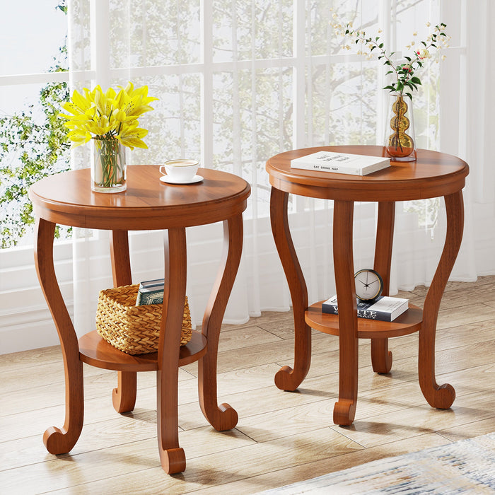 Round End Table, 2-Tier Wood Side Table with Storage Shelf Tribesigns