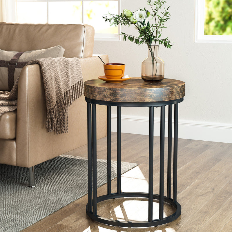 Round End Table, Small Accent Side Table with Metal Frame Tribesigns