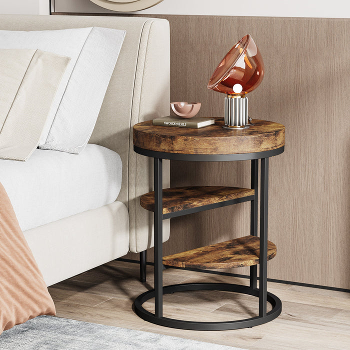 Round End Table, Small Side Table Nightstand with 3-Tier Shelves Tribesigns