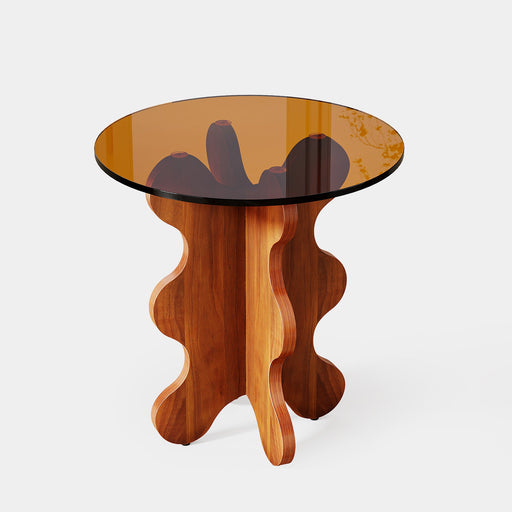 Round End Table, Tempered Glass Small Side Table with Wood Base Tribesigns