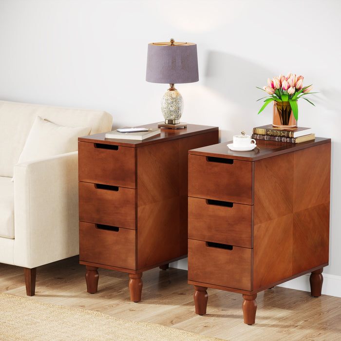 Solid Wood End Table, Fully Assembled Bedside Table with 3 Deep Drawers Tribesigns