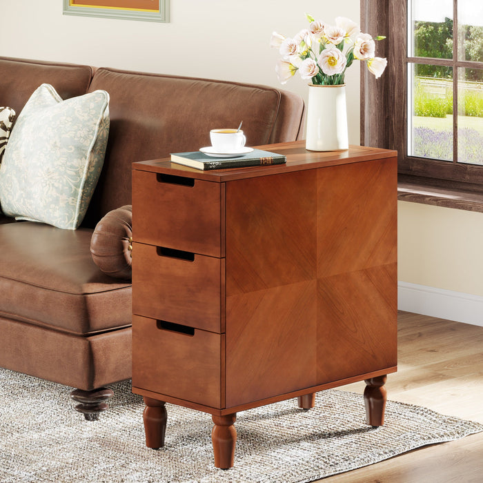 Solid Wood End Table, Fully Assembled Bedside Table with 3 Deep Drawers Tribesigns