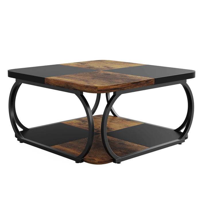 Square Coffee Table, 39" Central Cocktail Table with 2-Tier Shelves Tribesigns