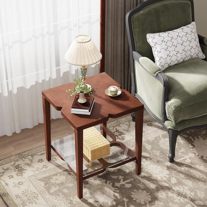 2-Tier End Table, Wood Sofa Side Table with Tempered Glass Tribesigns