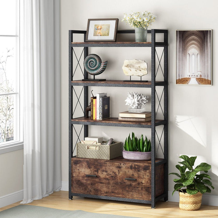 Vertical File Cabinet, Freestanding Filing Cabinet with Drawer & Open Shelves Tribesigns