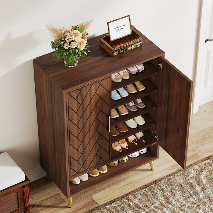 Walnut Shoe Cabinet, 6-Tier Wooden Shoe Organizer with Adjustable Shelves Tribesigns