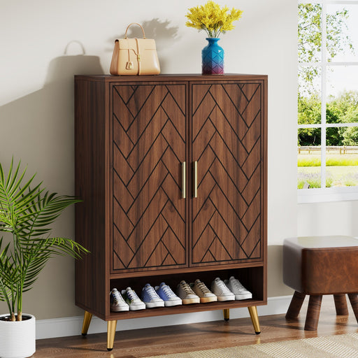 Walnut Shoe Cabinet, 6-Tier Wooden Shoe Organizer with Adjustable Shelves Tribesigns