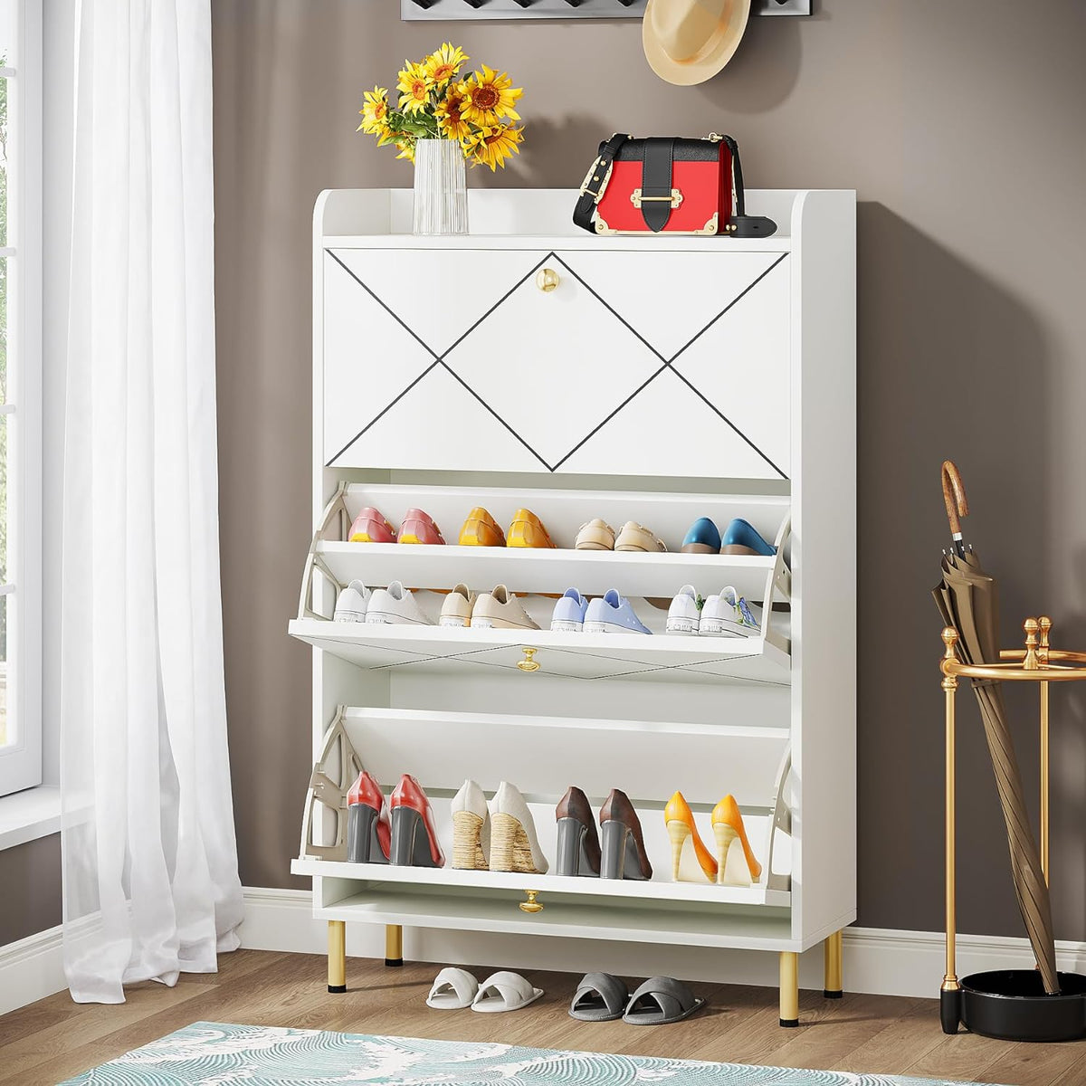 Versatile Shoe Cabinet with 3 Flip Drawers, Maximum Storage Entryway  Organizer with Drawer, Free Standing Shoe Rack with Pull-down Seat for  Hallway, White